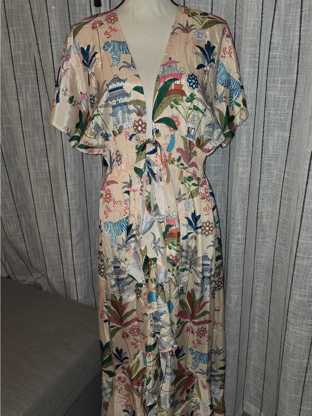 Cream Tropical Print Maxi Dress with Tie Front